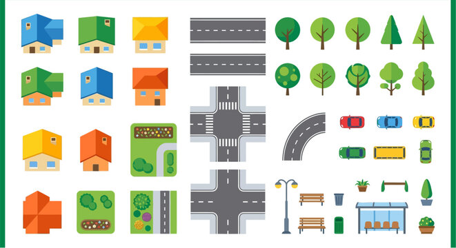 Colorful flat vector set depicting buildings roads trees and city elements