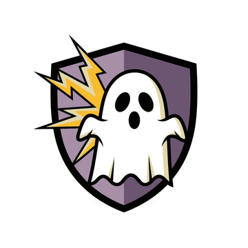 Scared Ghost Shield Icon with Lightning Bolt - Spooky Halloween Mascot Logo