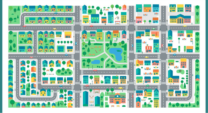 An aerial view illustration of a colorful planned urban cityscape