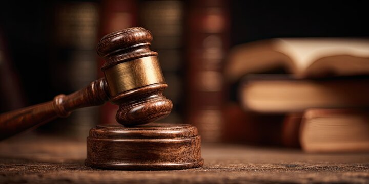 A wooden gavel rests on a sound block, surrounded by old books