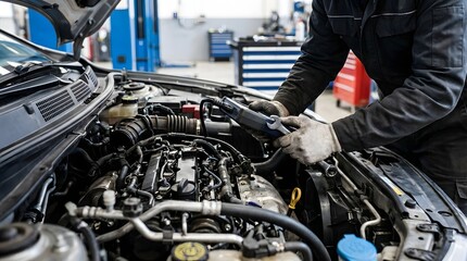 Fototapeta premium Mechanic performing maintenance on a car engine in an auto repair workshop