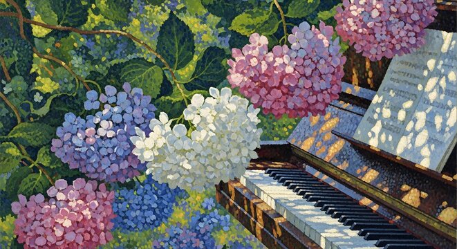 Summer's Gentle Cadence Sunlight bathes a piano keyboard surrounded by an enchanting garden of colorful hydrangeas, blending musical grace with natural beauty