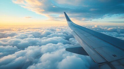 Obraz premium Airplane wing over clouds at sunset. Possible use Travel, vacation, adventure