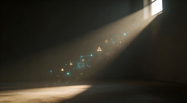 Minimalist Tyndall effect with futuristic neon micro nodes in air