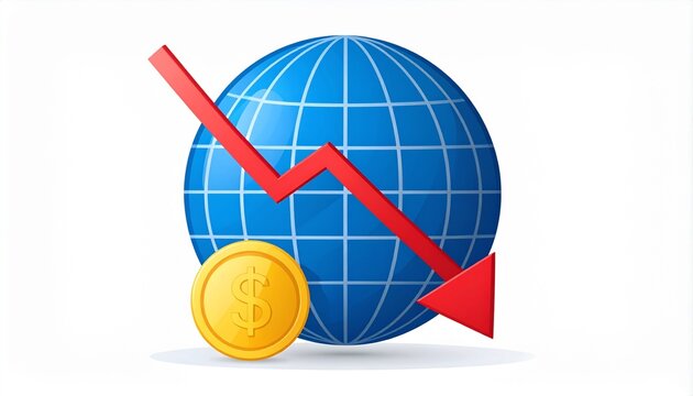 Global economic downturn concept with falling dollar and world map app