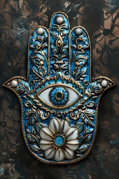 Ornate blue Hamsa hand with evil eye symbol, decorative protection amulet with floral patterns and gold details