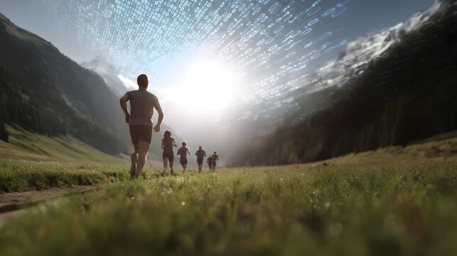 A group of runners traverses a lush mountain valley symbolizing athletic progress and modern digital connectivity