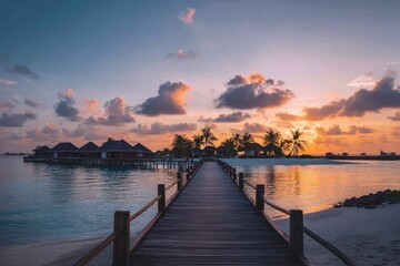 Obraz premium Sunset paints the sky over a serene island with overwater bungalows and a pier