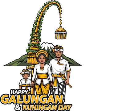 Happy Galungan and Kuningan Day illustration, Balinese family in traditional costume