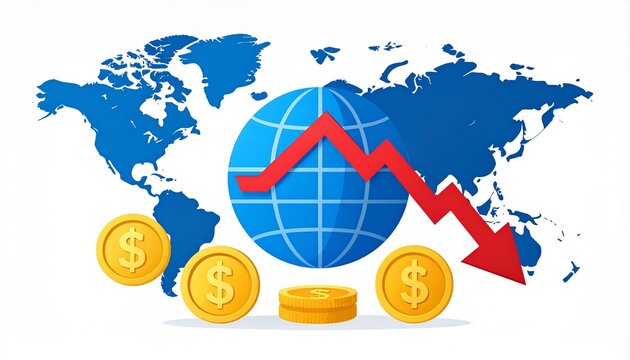 Global economic downturn concept with falling dollar and world map app
