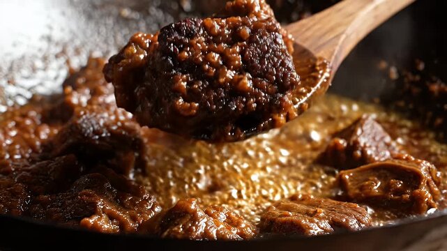 Authentic Beef Rendang Simmering in a Traditional Wok in a Cozy Malay Kitchen with Rich Brown Sauce and Wooden Spoon Overhead Shot