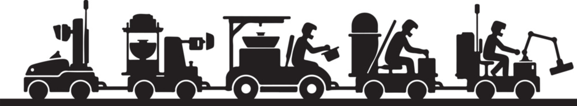 Construction vehicles, industrial machines, heavy equipment icons, silhouette illustrations