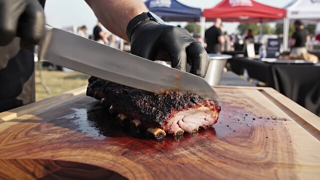 Chef Slicing Smoked Pork Ribs Glazed With Memphis Dry Rub On A Wooden Board At An Outdoor Food Festival With Tents And People In The Background
