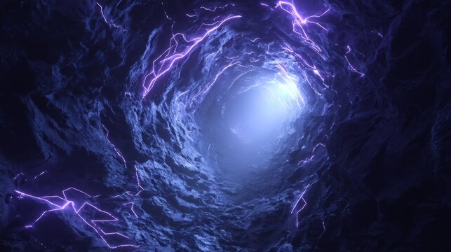Abstract Lightning in Dark Cave Tunnel with Light