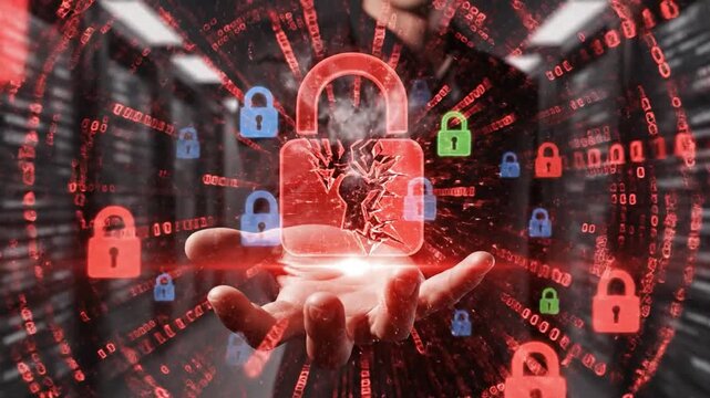 Person Holding Broken Red Padlock with Digital Data Streams and Server Racks hand broken padlock