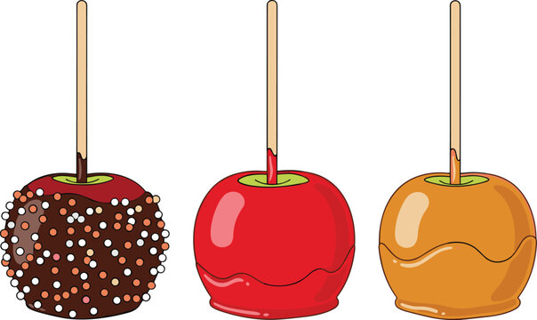 Candy Apple Illustration Set with Caramel and Chocolate Coated Variations for Sweet Dessert Snack and Festive Treat Design Collection