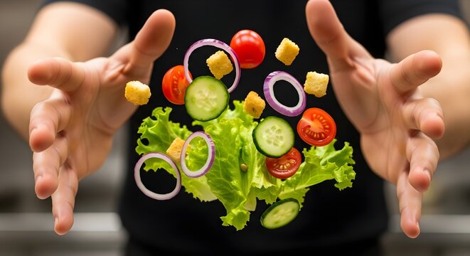 Chef tossing salad ingredients in mid-air with hands