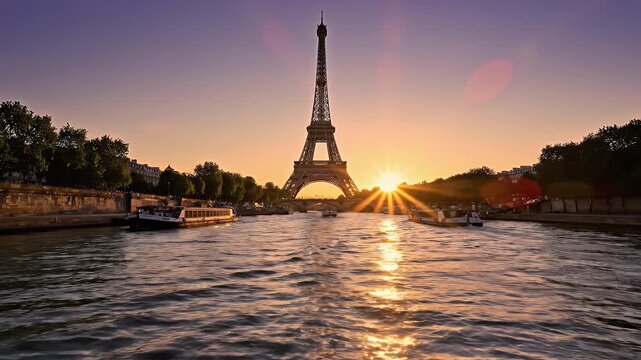 Scenic view of the Eiffel Tower at sunset from the river with boats moving across the water and the sky glowing with warm colors capturing a peaceful moment