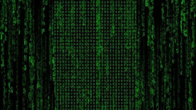 Green cascading code in a digital rain pattern against a black backdrop