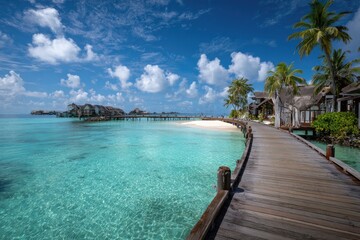 Fototapeta premium Wooden walkway leads to thatched bungalows over clear turquoise ocean