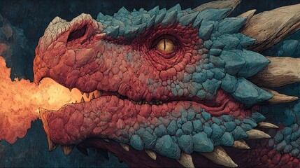 Naklejka premium Red and Blue Dragon Breathing Flames in Epic Fantasy Portrait