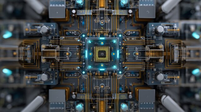 Intricate Circuit Board with Microchips and Glowing Elements