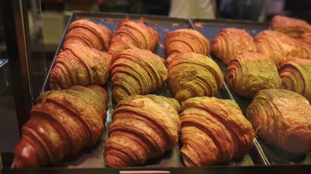 Golden Flaky Croissants In Bakery Display Under Warm Light, Rows Of Layered Pastry On Metal Tray Behind Glass, Crisp Outer Crust And Soft Inner Layers, Artisan Bakery Ambiance With Cozy