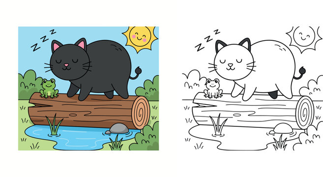 Cute Cartoon Black Cat Sleeping on a Log Next to a Frog and Stream in Nature