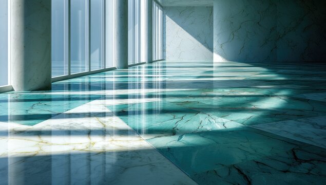 Sunlit marble floor and walls with geometric light patterns