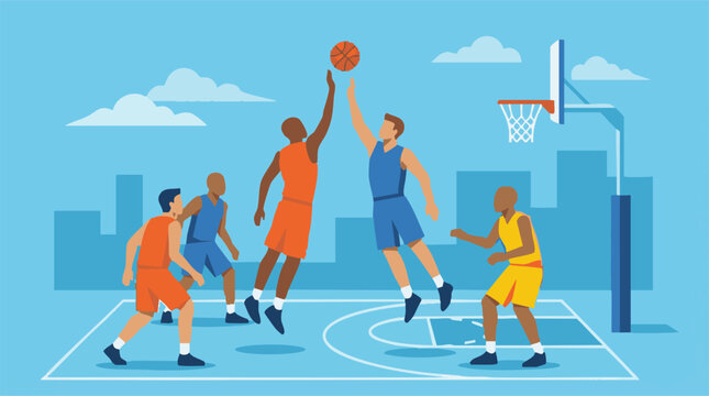 Basketball game illustration with players competing for a jump ball on an outdoor court