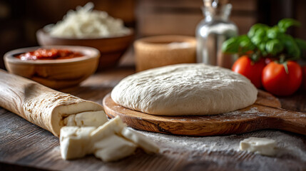 Fototapeta premium Fresh pizza dough and ingredients ready for homemade Italian cooking.