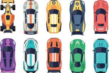 Fotobehang Auto Racing cars top view. Rally motorsport vehicles with racing livery from above, various cartoon sport car aerial view for auto race game app. Vector isolated set  © Ukio.stock