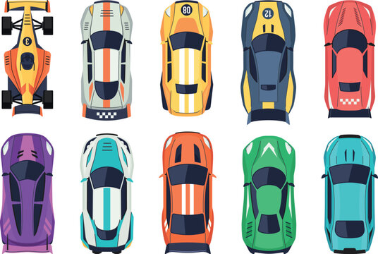 Racing cars top view. Rally motorsport vehicles with racing livery from above, various cartoon sport car aerial view for auto race game app. Vector isolated set