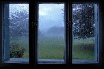 Fototapeta premium Raindrops streak a triple pane window overlooking a misty, green landscape