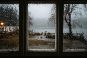 Fototapeta premium Gloomy view through a rain-streaked window overlooking a tranquil lake and bare trees