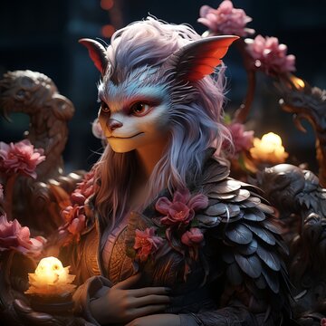 Catlike Fantasy Creature with Silver Hair and Floral Armor