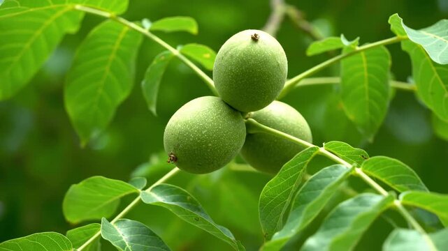 Green walnuts cluster on a branch with vibrant green foliage