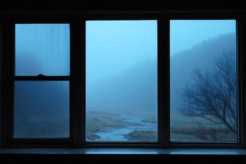 Fototapeta premium Misty morning view through a window of a stream and wooded hills