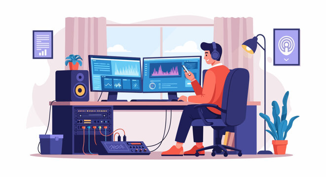 Man Working on Computer with Multiple Monitors.