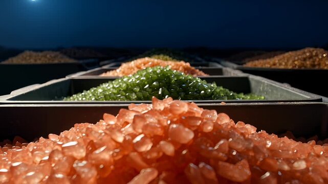 Rows of Colorful Crystals in Industrial Containers Under Dramatic Lighting