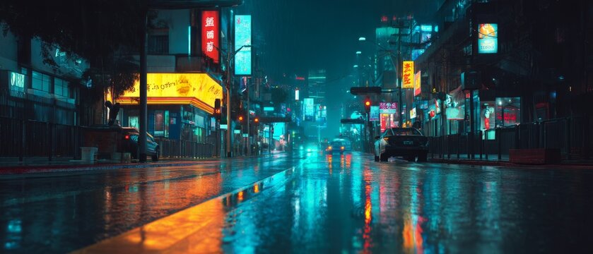 Cyberpunk City Night Rainy Street Reflection