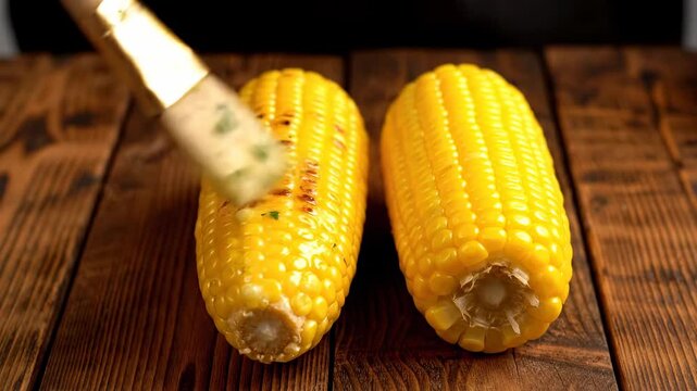 Grilled corn cobs being brushed with a topping on a rustic wooden surface