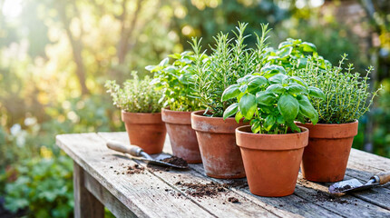 Fototapeta premium Potted herbs in terracotta pots on rustic wooden table outdoors 