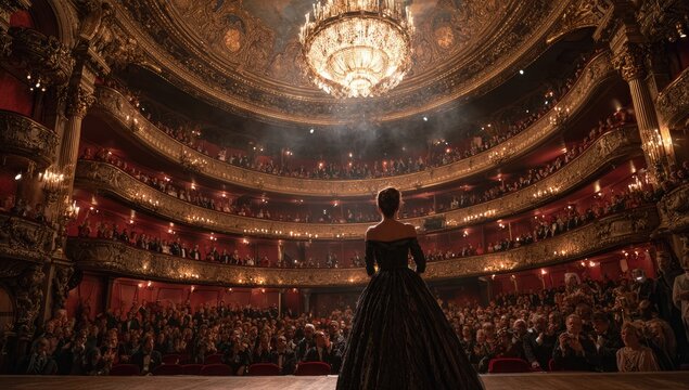 Woman in ornate gown on stage in grand, ornate theater with audience