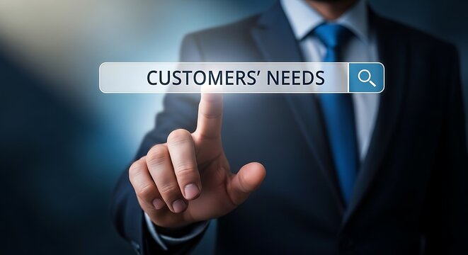A businessman in a suit searching for customers' needs online