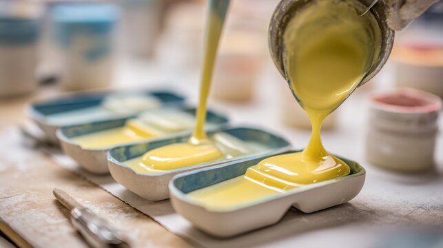 Pouring yellow dental stone into impression trays on a workspace table with surrounding tools and plaster containers softly out of focus.