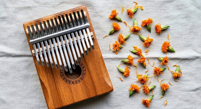 Kalimba Instrument With Marigold Flowers Flat Lay for Music Education and Creative Wellness Marketing