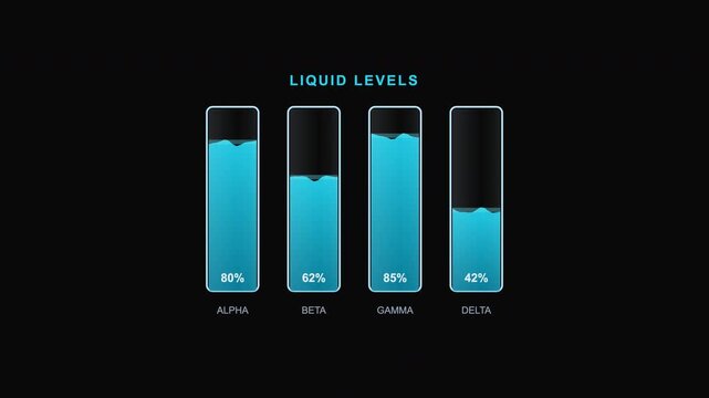 Varied blue liquid levels in four bars on black background suitable for infographic design, data visualization, charts, and presentations.
