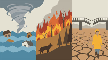Climate Change and Natural Disasters: Flood, Wildfire, and Drought Illustration