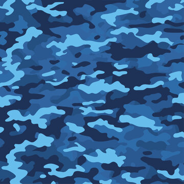 Blue Camouflage Vector Pattern Seamless Background for Fashion Apparel Urban Military Tactical Style Texture Navy Azure Sky Blue Camo Print Design for Textile Fabric Wallpaper Surface Wraps.